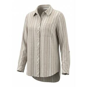 Susan Graver Womens M Coastal Old Money Minimalist Linen Striped Button Up Top